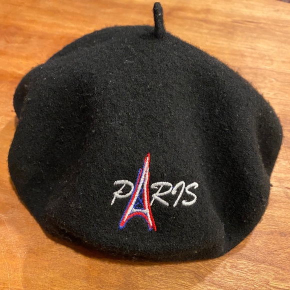 Black French beret wool PARIS Eiffel Tower France - Picture 7 of 16